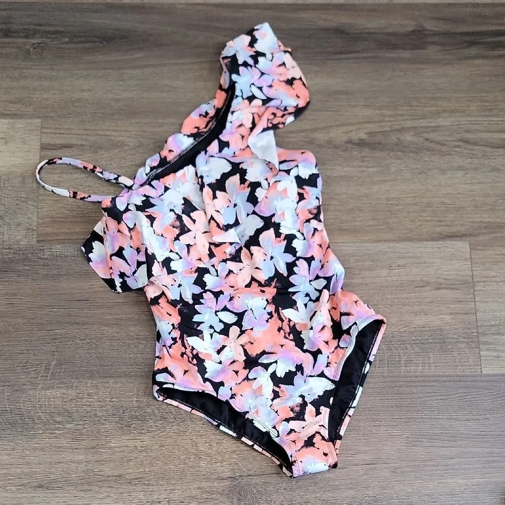 Time and Tru One-Piece Watercolor Splash Floral Swimsuit Womens Size L